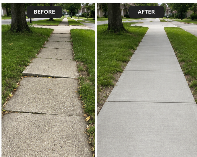Before and after concrete sidewalk replacement