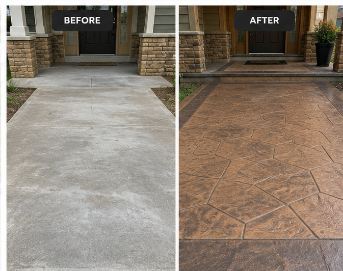 Before and after stamped concrete entry installation